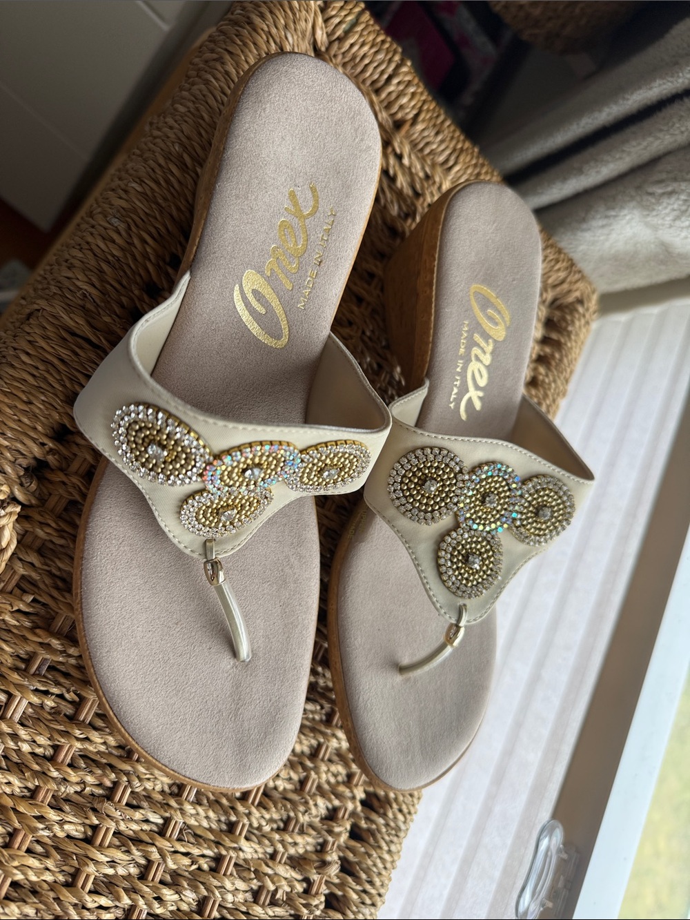 Onex Ivory Beaded Wedge Thong Sandals